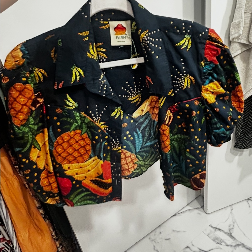 FARM Rio Black Tropical Pineapple Cropped Blazer